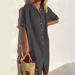 Damen lässiges loses Kurzarm Knopfleiste Hemd Kleid Leinen Sommer Maxikleid Strand