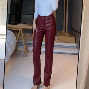 Women maroon faux leather pants high waist slim fit PU trousers stylish casual bottoms