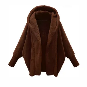 Women Oversized Plush Hooded Cardigan Winter Warm Solid Color Long Sleeve Fuzzy Coat
