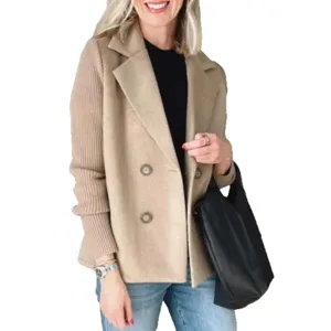 Donna chic maglia impiombata giacca blazer in lana primavera moda doppiopetto cappotto.