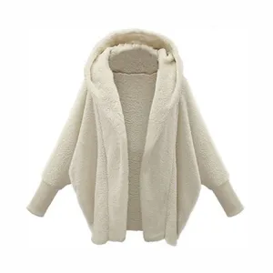 Women solid color long sleeve hooded loose plush cardigan cozy winter outerwear casual fleece coat
