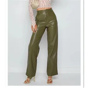 Women's high waist olive green PU leather wide leg pants fashion trousers casual bottom