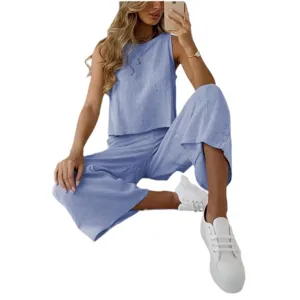 Sommer Damen Leinen Baumwolle Set ärmelloses Oberteil weite Beine Hosen Freizeit Outfit