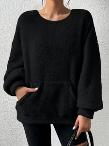 Cozy black fleece sweatshirt detail, soft fuzzy fabric texture, comfortable casual long sleeve.