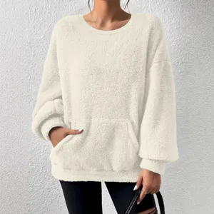 Women Winter Casual Solid Color Long Sleeve Fleece Fuzzy Sweatshirt with Front Pocket