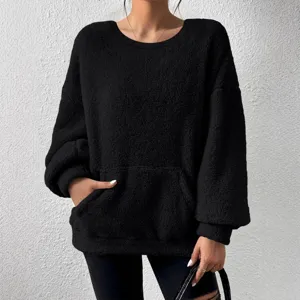 Solid color fleece long sleeve sweatshirt for women casual pullover top with front pocket