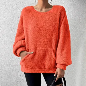Casual solid color long sleeve fleece sweatshirt with front pocket for women autumn winter.