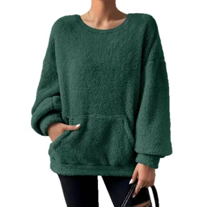 Dark green fuzzy sherpa fleece sweatshirt casual long sleeve pullover with front pocket