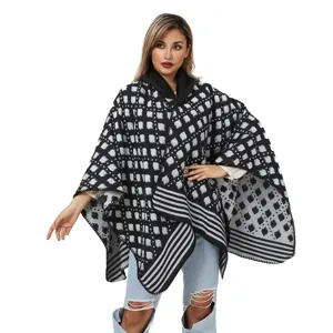 Elegant black and white patterned knitted poncho for women autumn winter warmth