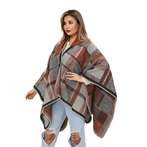 Modieuze dikke acryl geblokte poncho met capuchon voor dames in roestoranje en grijs