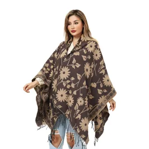 Bohemian winter knitted shawl poncho with sunflower pattern and fringe tassels for women