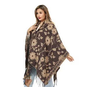 Elegant bohemian floral knitted shawl poncho wrap with tassels for autumn winter
