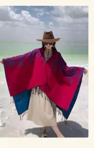 Ethnic style red and blue hooded poncho shawl with fringes for travel photography