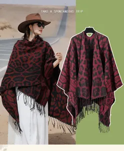 Detailed view of red leopard print knitted shawl with tassels and lifestyle outdoor shot
