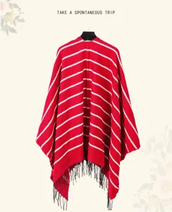 Bohemian red and white striped knitted shawl with decorative black fringe tassels