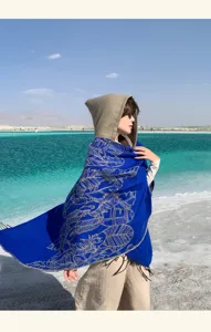 Ethnic style hooded blue shawl with golden feather pattern for desert travel