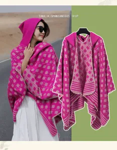 Detail view of an ethnic knit hooded shawl, showing both worn and flat perspectives.