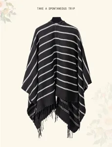 Black and white striped knitted shawl with tassels for stylish autumn and winter travel