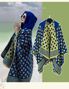 Ethnic style knit hooded poncho with retro geometric pattern for travel photography