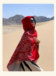 Ethnic red hooded shawl cape with fish patterns for desert travel and sun protection