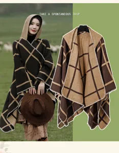 Karierter Kapuzenponcho aus Kaschmir-Imitat für Damen, ideal für Reisen Mode