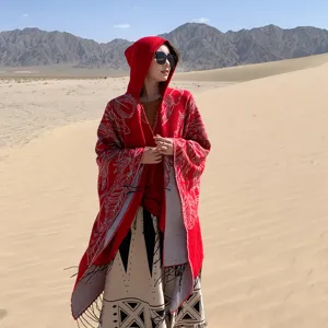 Vibrant red ethnic hooded shawl cloak for desert travel and sun protection for women