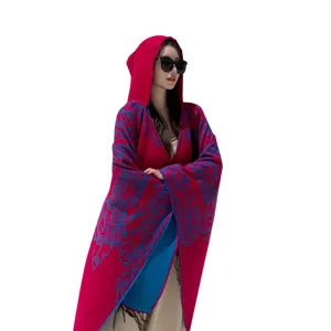 Bohemian ethnic style hooded shawl cape with feather pattern for travel and sun protection