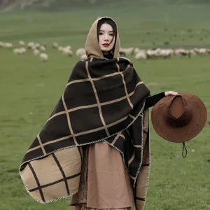 Vintage Kariert Kapuzen Cape Schal Für Damen Acryl Polyester Verdickt Reisen Outdoor Warm Winter Umhang Urlaub Poncho