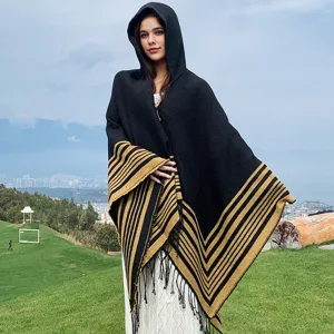 Women Striped Hooded Poncho Cape With Tassel Open Front Thick Warm Knitted Shawl Wrap For Travel Winter Fashion Outerwear