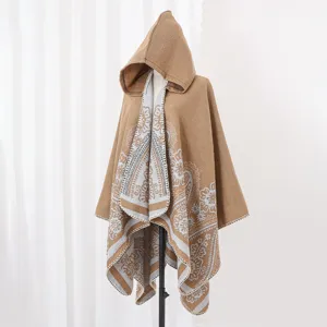 Eleganter Strickponcho mit Kapuze, Vintage-Blumenmuster und weicher Textur in Braun und Grau