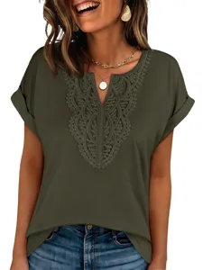 Detailed view of the elegant V-neck lace crochet short sleeve casual t-shirt for women.