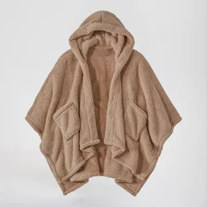 Women Winter Warm Solid Color Hooded Cloak Poncho Casual Loose Fleece Outerwear Oversized Blanket Cape With Pockets