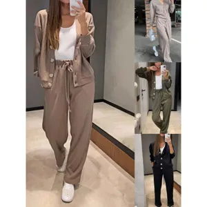 Cardigan en Tricot Décontracté et Pantalon Long pour Femmes Survêtement Manches Longues Col V Couleur Unie Haut et Bas Loungewear