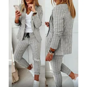 Women Casual Plaid Suit Set Long Sleeve Blazer And Slim Pants Elegant Commuter Fashion Office Wear Outfit