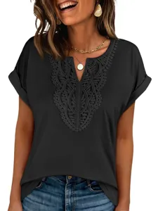 Detailed view of women's black short sleeve top featuring elegant crochet lace V-neck design.