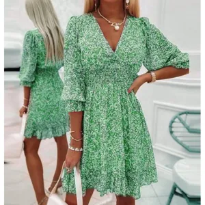 Women green floral midi dress boho short sleeve v-neck waist-cinching summer casual wear.