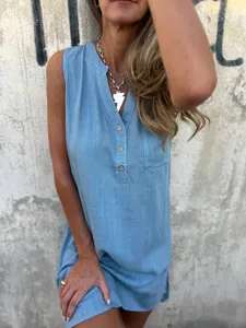 Detailed view of women casual sleeveless linen dress, summer loose button tunic dress style.