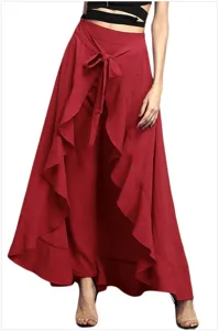 Red high waist wide leg pants detail, stylish front wrap ruffle design with waist bow tie.