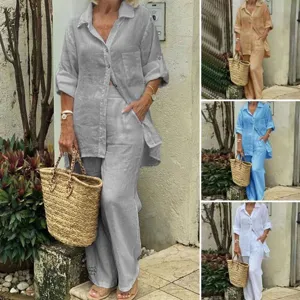 Casual women two piece linen set long sleeve lapel shirt and wide leg trousers outfit.