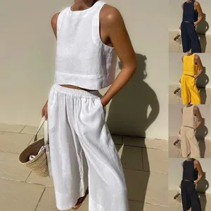 Ensemble Deux Pièces Décontracté Uni pour Femmes Haut Sans Manches et Long Pantalon Tenue d'Été Ample