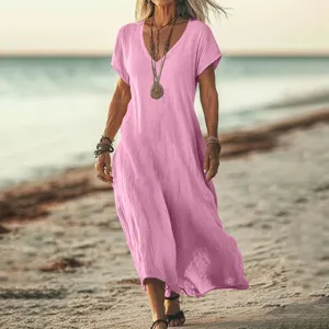 Women's cotton linen V-neck short sleeve loose maxi dress for casual summer beach wear.