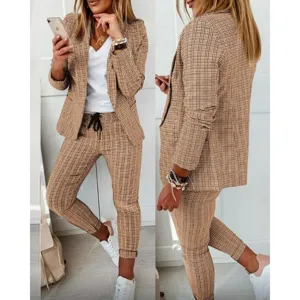 Women plaid casual suit set featuring a stylish blazer and matching trousers for daily wear.