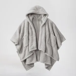 Grey fleece hooded cape shawl, cozy wearable blanket coat for women, warm winter outerwear detail.