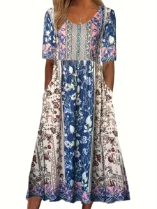 Bohemian floral printed maxi dress with short sleeves, scoop neck and convenient pockets.