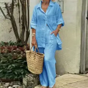 Women linen two piece set long sleeve shirt wide leg pants casual summer outfit detail view