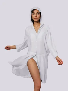 White hooded long sleeve beach cover up shirt for women, casual summer vacation swimwear blouse.