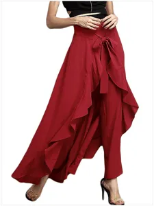 Detailed view of red high waisted wide leg pants, casual chiffon trousers, stylish fit.