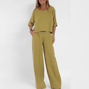 Damen lässige einfarbige kurze Ärmel Leinen zweiteiliges Set Weites Bein Hosen Sommer Outfit