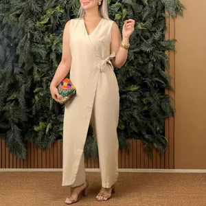 Donna Casual Tinta Unita Scollo a V Jumpsuit con Fiocco Cotone Lino Senza Maniche Largo Pantalone Lungo Primavera Estate Moda