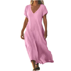 Pink cotton linen V-neck short sleeve loose casual maxi dress summer apparel detail view